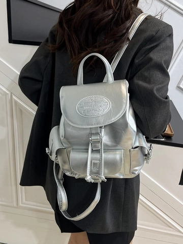 Sac à Dos Tendance en Similicuir Métallisé pour Femme Cordon de Serrage Rabat Grande Capacité Style Collège Sac à Dos Voyage Sac Bandoulière Urbain