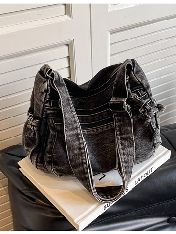 Borsa a Tracolla in Denim Lavato di Grande Capacità per Donna Vintage Multi Pocket Tote Bag Borsa a Spalla Casual con Tracolla Regolabile