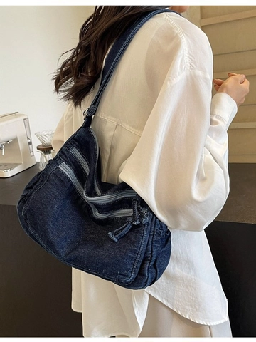 Borsa a Tracolla in Denim Lavato di Grande Capacità per Donna Vintage Multi Pocket Tote Bag Borsa a Spalla Casual con Tracolla Regolabile
