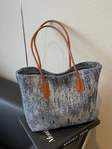 Sac Fourre-tout en Denim à Paillettes pour Femmes Grande Capacité Motivo à Vagues Sac à Épaule Mode Vintage