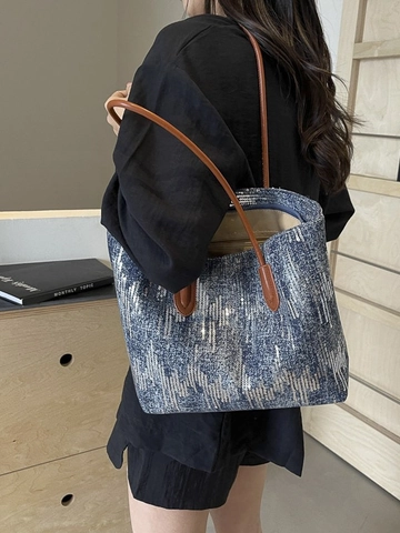 Sac Fourre-tout en Denim à Paillettes pour Femmes Grande Capacité Motivo à Vagues Sac à Épaule Mode Vintage