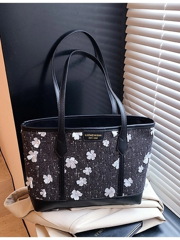 Damen Große Kapazität PU Tweed Tote Bag 2025 Sommer Neue Koreanisch Lässige Schultertasche Mit 3D Floral Dekoration Pendler Handtasche