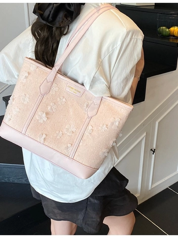 Damen Große Kapazität PU Tweed Tote Bag 2025 Sommer Neue Koreanisch Lässige Schultertasche Mit 3D Floral Dekoration Pendler Handtasche