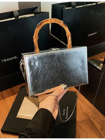 Damen Vintage Bambus Griff Box Tasche Metallic Falten PU Leder Crossbody Schultertasche Mit Metallkette Party Abendtasche