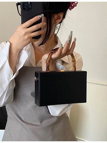 Damen Vintage Bambus Griff Box Tasche Metallic Falten PU Leder Crossbody Schultertasche Mit Metallkette Party Abendtasche