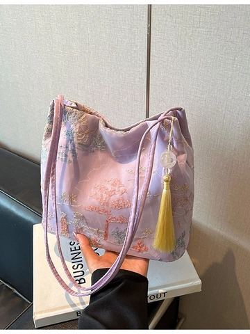 Women Chinese Style Embroidered Bucket Bag New Vintage Landscape Pattern Shoulder Bag With Tassel Lace Tote Bag Handbag