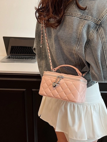 Elegante Gesteppte Gitter Handtasche Für Damen Herzanhänger Umhängetasche Vielseitige Kleine Quadratische Box Vanity Case