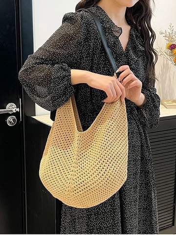 Borsa Tote Intrecciata di Grande Capacità per Donna Estate Vacanza al Mare Bohemian Borsa a Spalla in Maglia Traforata Con Tracolla in Pelle PU