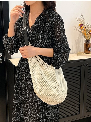 Borsa Tote Intrecciata di Grande Capacità per Donna Estate Vacanza al Mare Bohemian Borsa a Spalla in Maglia Traforata Con Tracolla in Pelle PU