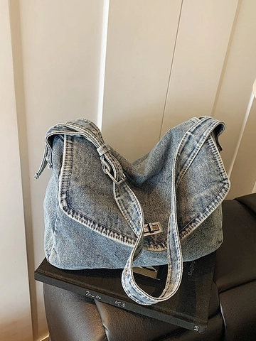 Grote Capaciteit Denim Schoudertas Voor Dames Retro Gewassen Crossbody Tas Mode Tote Bag Met Metalen Slot Dagelijkse Tas