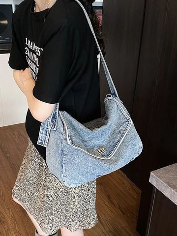 Grote Capaciteit Denim Schoudertas Voor Dames Retro Gewassen Crossbody Tas Mode Tote Bag Met Metalen Slot Dagelijkse Tas