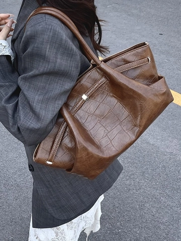 Vintage Crocodile Pattern Embossed PU Leather Tote Bag For Women Large Capacity Casual Commuter Shoulder Bag Handbag