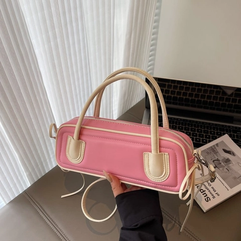 Urban PU Leather Baguette Bag Contrast Color Stitching Fashion Underarm Shoulder Crossbody Handbag For Women Daily Wear