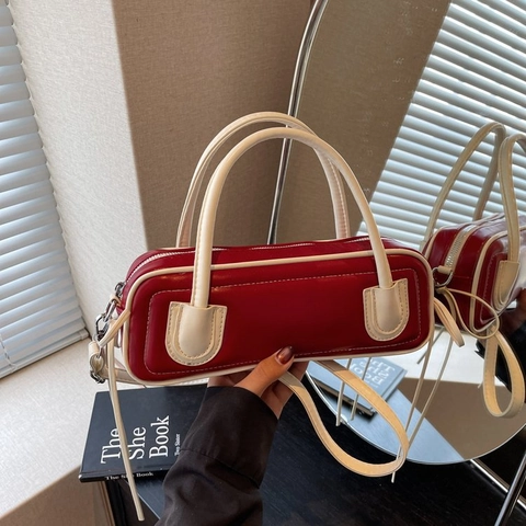 Urban PU Leather Baguette Bag Contrast Color Stitching Fashion Underarm Shoulder Crossbody Handbag For Women Daily Wear