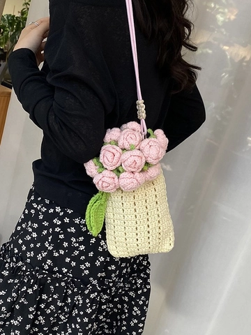 Borsa a Secchiello con Fiori all'Uncinetto Fatta a Mano per Donna Borsa a Tracolla in Maglia con Rose Pastorale Artistica Piccola Borsa