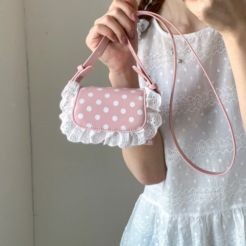 Bolso Bandolera Mini de Lunares con Borde de Encaje Cuero PU Niñas Niños Bolso de Hombro Pequeño Moda Diaria