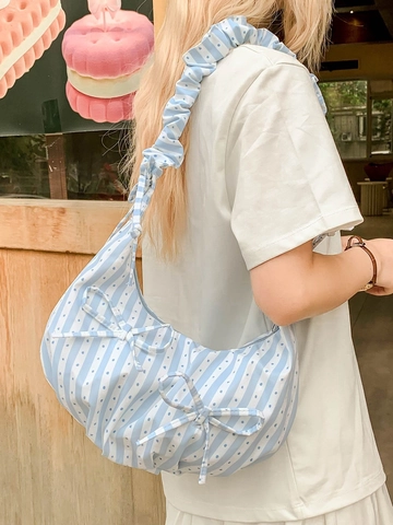 Bolso de Hombro para Mujer a Rayas con Mota y Lazo Correa de Volantes Bolso Hobo de Tela Gran Capacidad Casual Playa Bolso