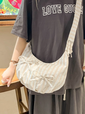 Bolso de Hombro para Mujer a Rayas con Mota y Lazo Correa de Volantes Bolso Hobo de Tela Gran Capacidad Casual Playa Bolso