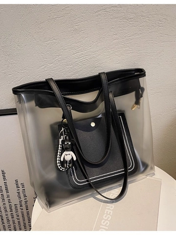 Damen Große Kapazität Transparent Tragetasche Mit Innentasche Bär Anhänger PVC PU Klar Schulter Einkaufstasche Handtasche