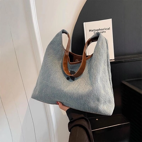 Bolso Tote de Denim Acolchado para Mujer Gran Capacidad Vintage Patrón de Rombos Bolso de Hombro Color de Contraste Bolso de Denim Con Hebilla Magnética