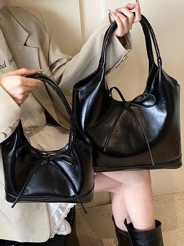 Korean Style Bow Knot PU Leather Tote Bag Large Capacity Shiny Underarm Shoulder Bag Minimalist Commute Women Fashion Handbag
