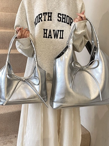 Korean Style Bow Knot PU Leather Tote Bag Large Capacity Shiny Underarm Shoulder Bag Minimalist Commute Women Fashion Handbag