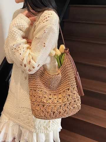 Retro Gewebte Stroh Umhängetasche Große Kapazität Quaste Strandurlaub Handtasche Für Damen Sommer Casual Tote Bag