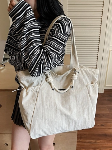 Damen Große Kapazität Nylon Tote Bag Minimalistische Mode Reise Schultertasche Mit Seitlichem Kordelzug Und Seilgriff Pendeln Lässige Handtasche