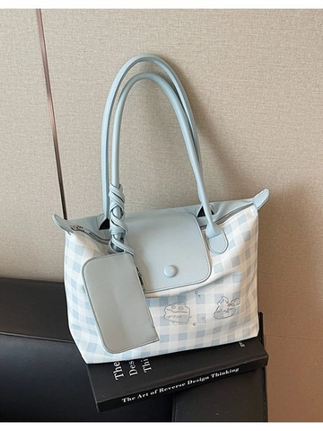 Sac Fourre-tout en Cuir PU à Grille de Style Coréen pour Femmes Avec Broderie de Dessin Animé Sac à Épaule de Grande Capacité Avec Pochette