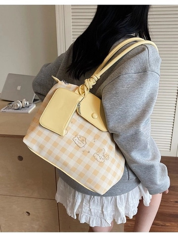 Sac Fourre-tout en Cuir PU à Grille de Style Coréen pour Femmes Avec Broderie de Dessin Animé Sac à Épaule de Grande Capacité Avec Pochette