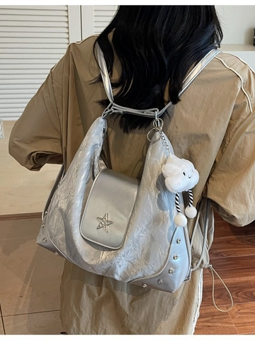 Women Pleated PU Leather Shoulder Bag Star Decoration Rivet Large Capacity Multi-functional Backpack Tote For Daily Commute