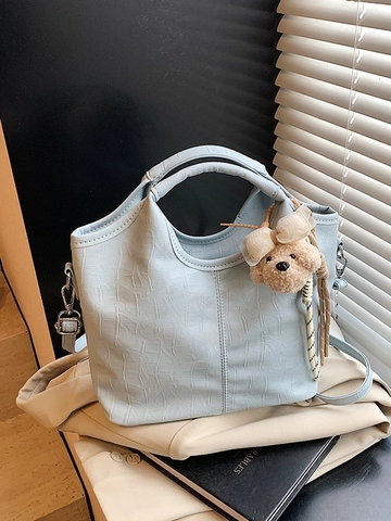 Borsa a Secchiello da Donna in Pelle PU con Motivo a Coccodrillo Elegante Borsa a Tracolla di Grande Capacità con Ciondolo a Orsetto