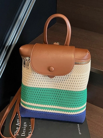 Damen Geflochten Rucksack Stroh Kunstleder Kontrastfarben Durchbrochen Handgehalten Rucksack Mode Lässig Reise Daypack