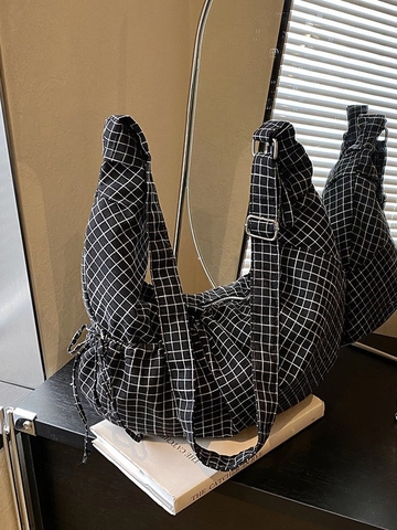 Borsa a Tracolla da Donna in Tela a Quadretti di Grande Capacità Borsa Hobo Casual Con Tracolla Regolabile e Coulisse