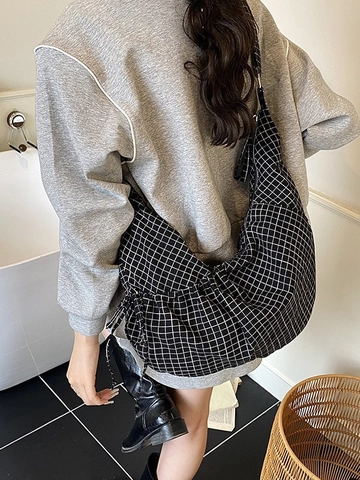 Borsa a Tracolla da Donna in Tela a Quadretti di Grande Capacità Borsa Hobo Casual Con Tracolla Regolabile e Coulisse