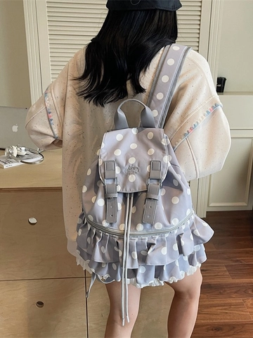 Sac à Dos à Volants à Pois Doux pour Femmes 2025 Été Mode Polyvalent Sac d'École en Toile Sac de Voyage Décontracté Cordon
