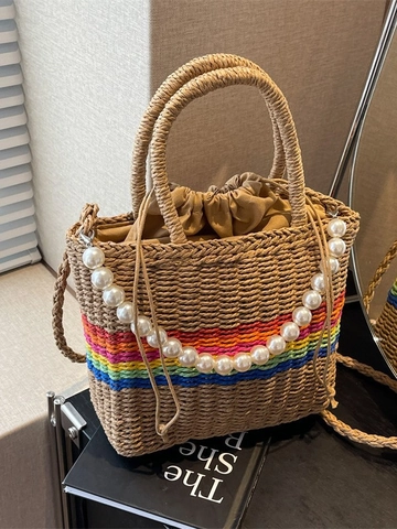 Bolso Bombonera de Paja Tejida con Rayas de Arcoíris para Mujer Con Asa de Perlas Artificiales Bolso de Mano de Verano para Playa y Vacaciones