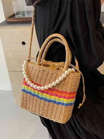 Bolso Bombonera de Paja Tejida con Rayas de Arcoíris para Mujer Con Asa de Perlas Artificiales Bolso de Mano de Verano para Playa y Vacaciones
