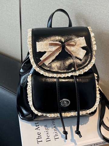 Retro Spitze Schleife PU Leder Kleiner Rucksack Für Damen Süßer Lolita Stil Silber Kaffee Altweiß Schwarz Mini Studenten Rucksack