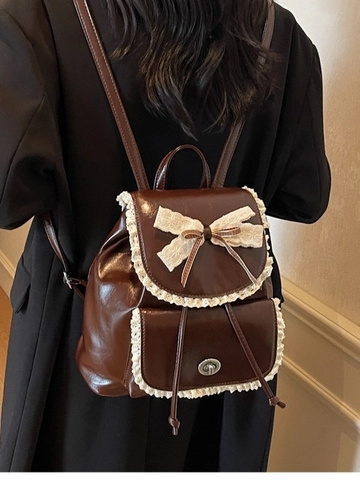 Retro Spitze Schleife PU Leder Kleiner Rucksack Für Damen Süßer Lolita Stil Silber Kaffee Altweiß Schwarz Mini Studenten Rucksack