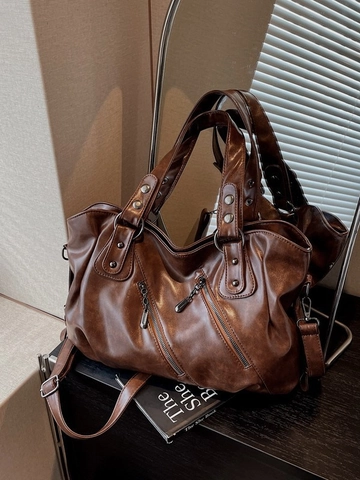 Vintage Große Kapazität PU Leder Tote Bag Für Damen Fashion Crossbody Schultertasche Mit Reißverschluss Nieten Handtasche