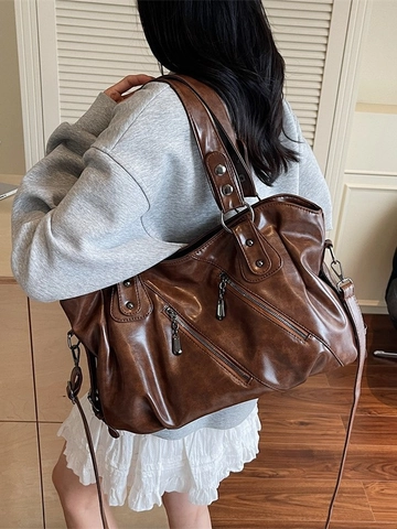 Vintage Große Kapazität PU Leder Tote Bag Für Damen Fashion Crossbody Schultertasche Mit Reißverschluss Nieten Handtasche