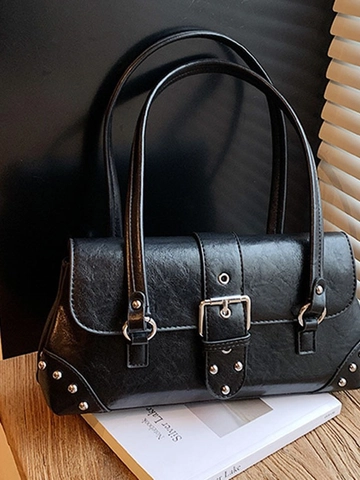 Vintage PU Leather Shoulder Bag For Women Elegant Rivet Metal Buckle Decor Underarm Bag Retro Fashion Square Daily Handbag