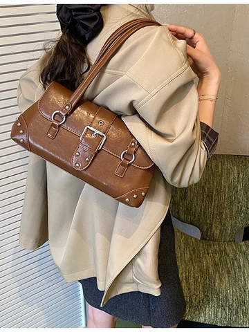 Vintage PU Leather Shoulder Bag For Women Elegant Rivet Metal Buckle Decor Underarm Bag Retro Fashion Square Daily Handbag