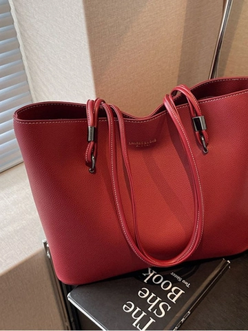 Women Large Capacity PU Leather Tote Bag Fashion Commuter Shoulder Bag Solid Color Litchi Grain Bag with Metal Buckle For Work