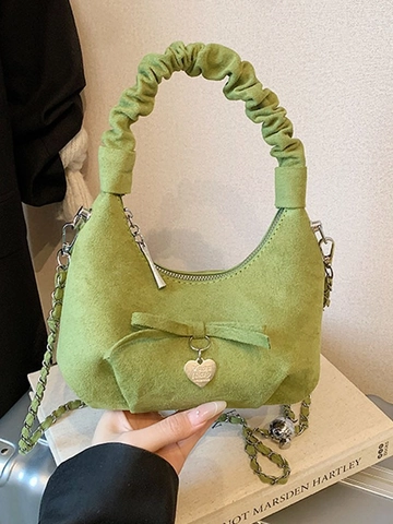 Schicke PU Leder Hobo Tasche Für Damen Gerüschter Griff Bogen Herz Anhänger Metall Kettengurt Crescent Underarm Schultertasche