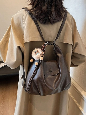 Vintage PU Leather Large Capacity Backpack For Women Pleated Tote Shoulder Bag Retro Multi-functional Daily Travel Backpack