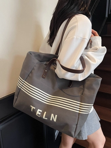 Borsa Tote in Tela Capiente Minimalista da Donna Borsa a Tracolla con Strisce e Lettere per Pendolarismo Scuola Viaggio