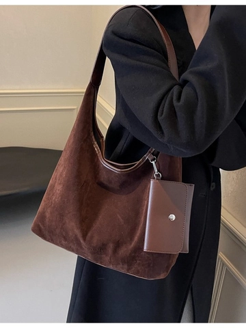 Vintage Large Capacity PU Leather Tote Bag For Women Autumn Winter Solid Color Casual Shoulder Bag With Small Pouch Shopping Bag