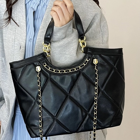 Women Retro PU Leather Diamond Lattice Tote Bag With Chain Strap Large Capacity Commuter Shoulder Crossbody Bag For Daily Work